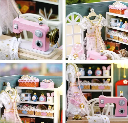 Vista 4 de CUTEROOM Juego de bricolaje para casa de muñecas en miniatura con muebles de madera, kit de casa de madera con cubierta antipolvo y luz LED