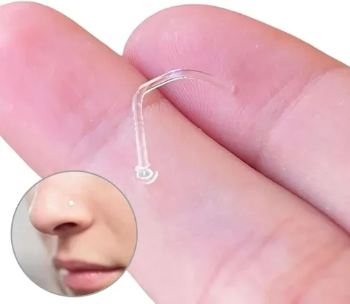Vista 4 de BodyJewelryOnline Retenedor de piercing de nariz de vidrio Pyrex transparente de 16G, 18G y 20G, retenedor de tornillo de nariz en forma de L, 5/16