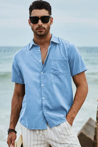 Vista 188 de JMIERR Camisas de vestir a rayas con botones y manga corta para hombre