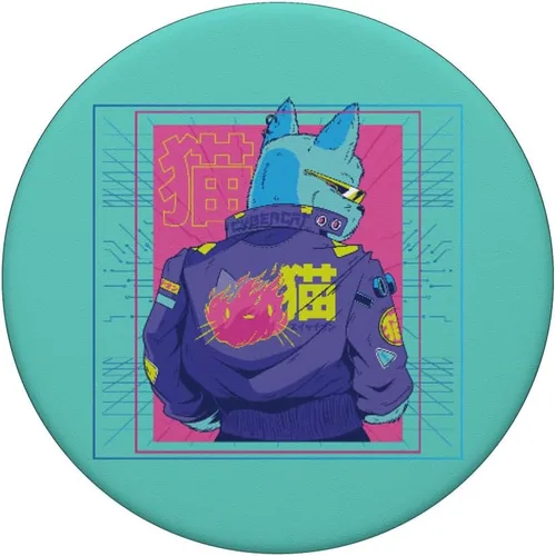 Vista 3 de Outrun Cyberpunk Cat 90s 80s Glitch Vaporwave Japanese PopSockets PopSockets intercambiables PopGrip