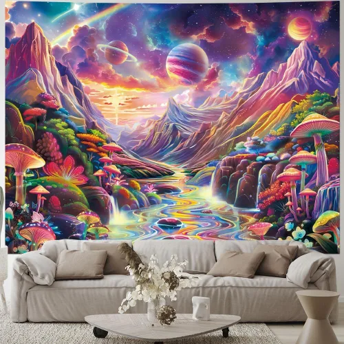 Vista 5 de Lahasbja Blacklight Galaxy Planet Tapiz UV Reactive Hongo Colgante de Pared Fantasía Estrellas Estrelladas Paisaje Montaña Paisaje Luz Negra Póster