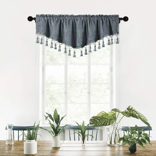 Vista 23 de ELKCA Cortinas de doble cara de felpilla para ventana de cocina, 52x18, bolsillo para barra, cenefa color beige para sala de estar, paquete de 1