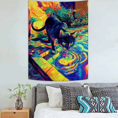 Vista 6 de Spenlife Blacklight - Fantástico tapiz de gato negro, tapiz de pared de gato reactivo que brilla con rayos UV para decoración de habitación, tapiz