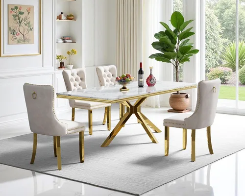 Vista 11 de Juego de mesa de comedor de mármol para 6, mesa de cocina rectangular de mármol blanco de 68 pulgadas con patas en X de acero inoxidable dorado