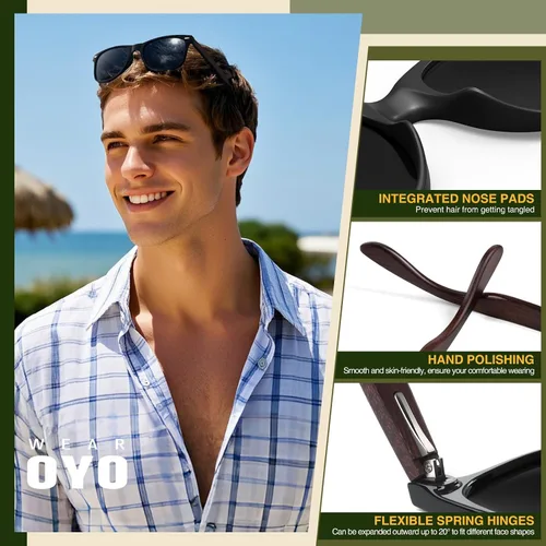 Vista 4 de WEAROYO Lentes de sol polarizados para hombres y mujeres con patillas de madera, lentes retro oscuras para conducir, pescar, protección UV400