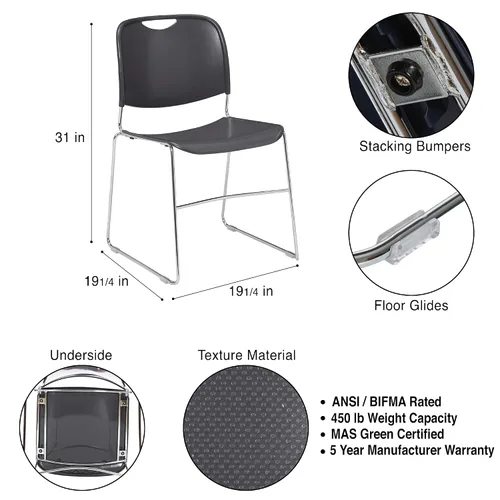 Vista 3 de OEF Furnishings OEF8502/4 Silla apilable con base de trineo de plástico ultracompacta (gris oscuro, paquete de 4)