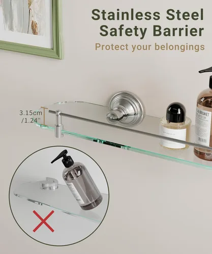 Vista 2 de Estante de vidrio de 20 pulgadas para baño, estantes de vidrio de baño de níquel cepillado montados en la pared, estantes de vidrio flotantes