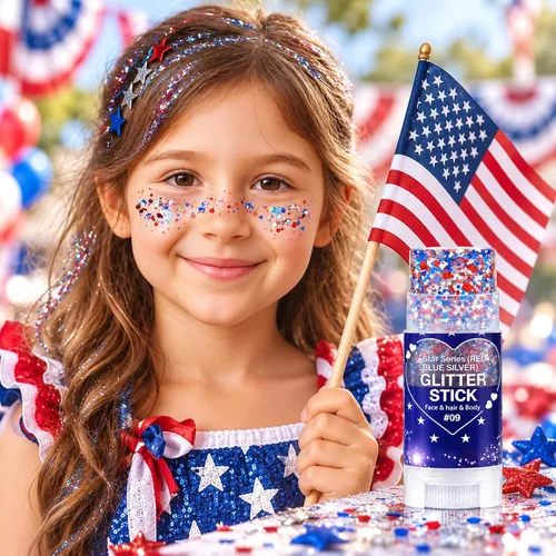 Vista 2 de Go Ho Patriotic Body Glitter Stick, accesorios del 4 de julio, rojo, blanco