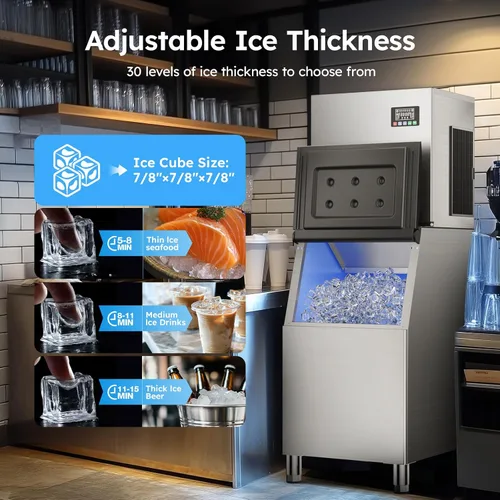 Vista 6 de Máquina comercial para hacer hielo de 550 libras/24 horas, almacenamiento de 400 libras, listo para hielo en 5-15 minutos, con modo de autolimpieza