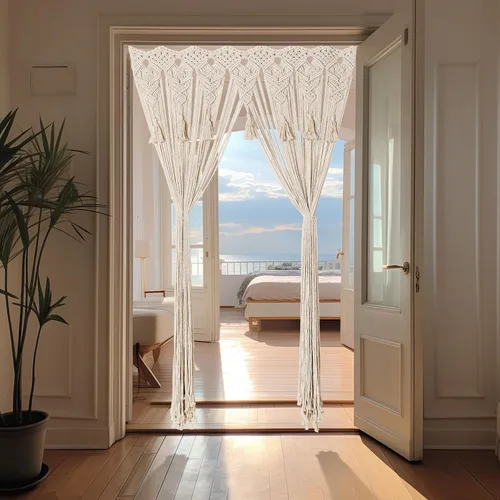 Vista 4 de Cortina bohemia de macramé hecha a mano con borlas, gran macramé para colgar en la pared, divisor de habitación para sala de estar, dormitorio