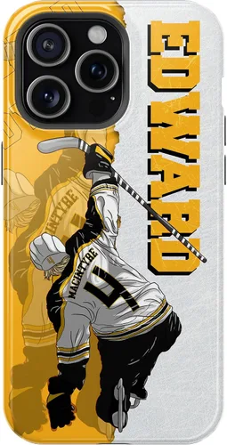 Vista 14 de Funda protectora personalizada con nombre y número de jugador de arte de hockey sobre hielo, compatible con iPhone 16, 15, 14, 12, 13, 11 X, XR, XS