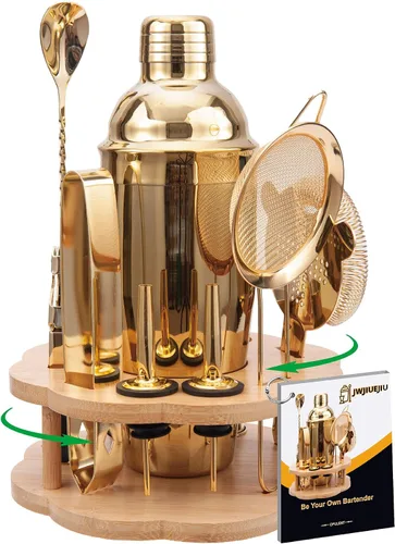 Vista 10 de Juego de coctelera para barman con soporte giratorio de bambú, juego de 11 piezas de accesorios de bar de acero inoxidable para mezclar bebidas
