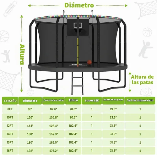 Vista 9 de Trampolín al aire libre con red para niños de 10 pies, 12 pies, 14 pies, 15 Negro