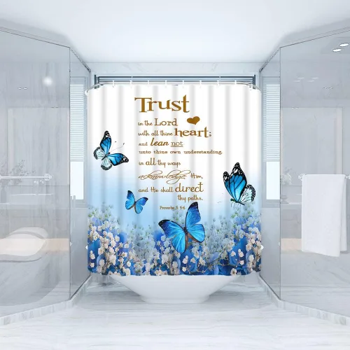 Vista 2 de GCTNBJL Cortina de ducha con cita inspiradora, diseño de mariposa y flores azules y verde azulado con texto en inglés "Trust in the Lord