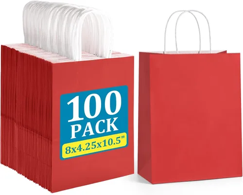 Vista 9 de BagDream Bolsas de regalo negras de 8 x 4.25 x 10.5 pulgadas, 100 bolsas de papel kraft con asas a granel para bodas, recuerdos de fiesta