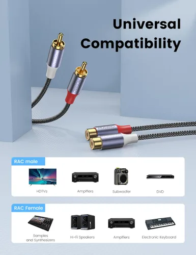 Vista 3 de MOSWAG Cables RCA, conector chapado en oro, doble RCA macho a hembra, cable de extensión de audio estéreo para receptores estéreo, altavoces