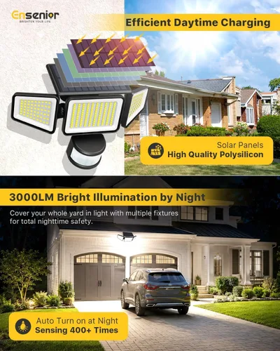 Vista 7 de Ensenior - Luces solares de movimiento para exteriores, 228 luces LED de seguridad solar con control remoto, IP65 impermeable, 3 cabezales de luz