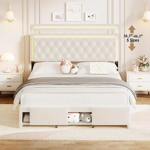 Vista 7 de Base de cama Queen con cabecera capitoné con botones, base de cama tapizada tamaño Queen con luces LED, estación de carga, almacenamiento