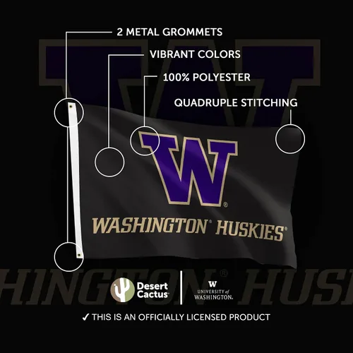 Vista 4 de Desert Cactus Bandera de los Huskies de la Universidad de Washington 3x5 Negro