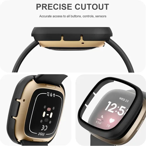 Vista 4 de Mugust Protector de pantalla para Fitbit Sense/Versa 3 - HD vidrio templado sensible al tacto cubierta de policarbonato duro: negro completo