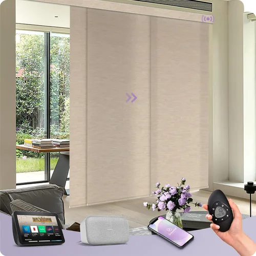 Vista 26 de Graywind Paneles deslizantes motorizados opacos compatibles con Alexa Google, persianas de riel para puertas corredizas de patio