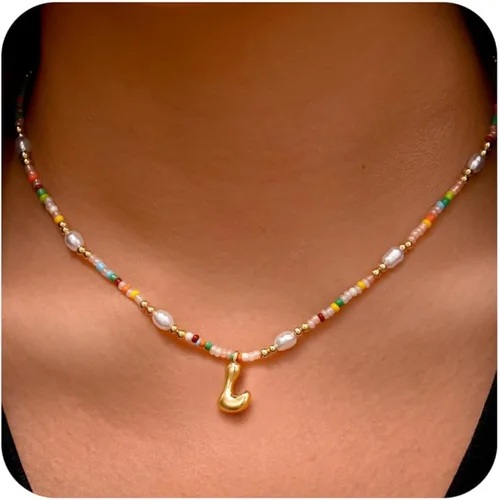 Vista 13 de Ritach - Regalos de Navidad para nietas, adolescentes y niñas, collar con inicial de perlas de colores claros, collar con dije de burbuja dorada