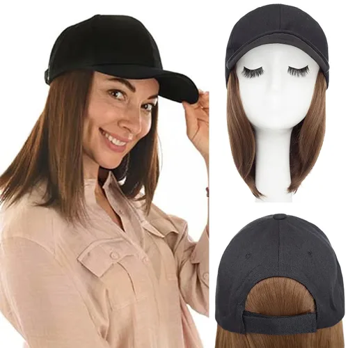 Vista 16 de S-noilite Peluca de gorra de béisbol de 6 pulgadas con peinado Bob y extensiones de cabello, gorra de béisbol recta ajustable para mujer