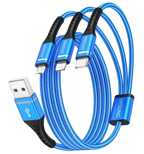 Vista 12 de Cable de carga múltiple corto de 1 pie, paquete de 2 cables de carga 3 en 1, cables universales trenzados para teléfono con conectores