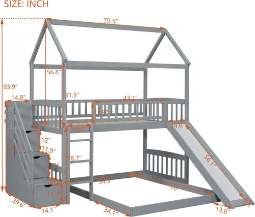 Vista 2 de Harper & Bright Designs Litera de madera maciza con tobogán, cama individual sobre cama matrimonial con escaleras de almacenamiento, litera