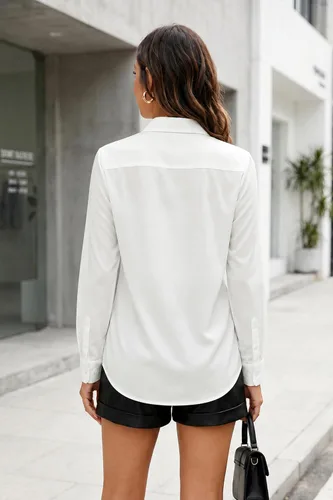Vista 4 de Blusas de negocios para mujer, de manga larga, sin arrugas, con botones, ajuste clásico, cuello para el trabajo y la oficina