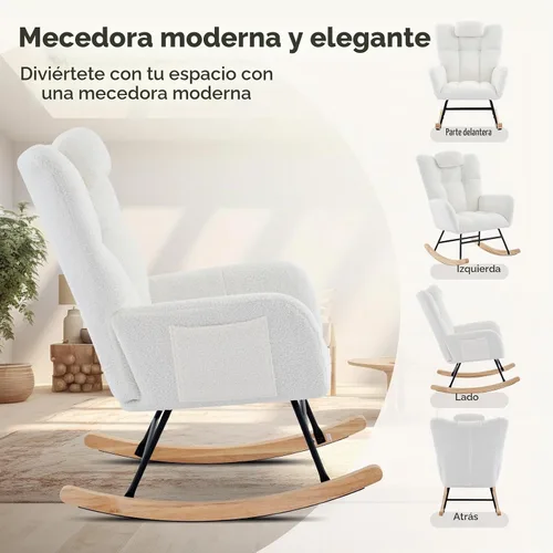 Vista 7 de Silla mecedora tapizada para guardería, mecedora tapizada con asiento acolchado con respaldo alto, silla auxiliar cómoda Beige
