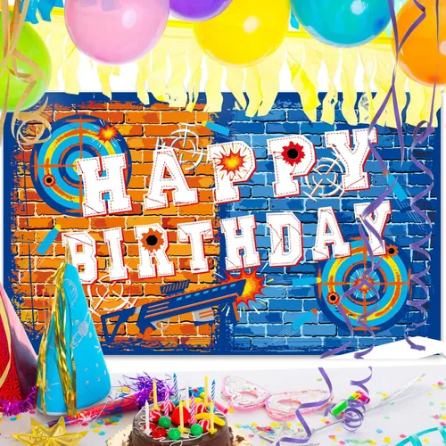 Vista 4 de Tatuo Fondo de pistola de feliz cumpleaños, decoración de fiesta, suministros de dardos, fondo de batalla, agua para decoración temática de fiesta