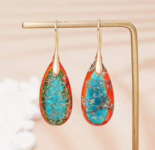 Vista 4 de Pendientes de piedra natural, aretes colgantes de piedra de gota de agua para mujer