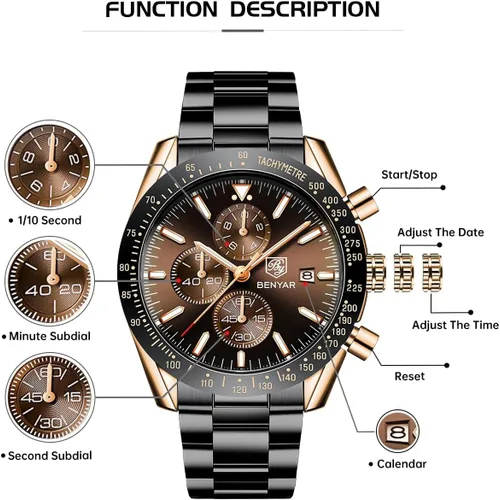 Vista 7 de BENYAR Reloj analógico de cuarzo cronógrafo impermeable luminoso de diseñador para hombre, reloj de pulsera para hombre, para negocios, trabajo