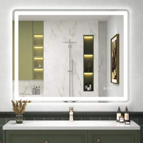 Vista 22 de SMIROR Espejo de baño LED con luces de 22" x 30", espejo de tocador rectangular redondeado iluminado para pared, iluminado frontal y retroiluminado
