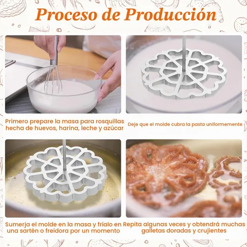 Vista 3 de Molde para bunuelos, molde de aluminio para hacer galletas con mango de madera, juego de moldes de hierro rosetón desmontable, moldes de gofre