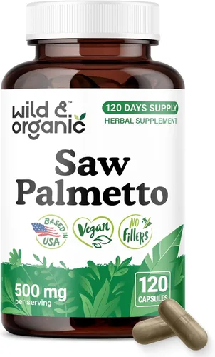 Vista 10 de Wild & Organic Cápsulas Saw Palmetto de 500 mg - Soporte del tracto urinario para hombres y mujeres - Suplemento en polvo de palma enana pura