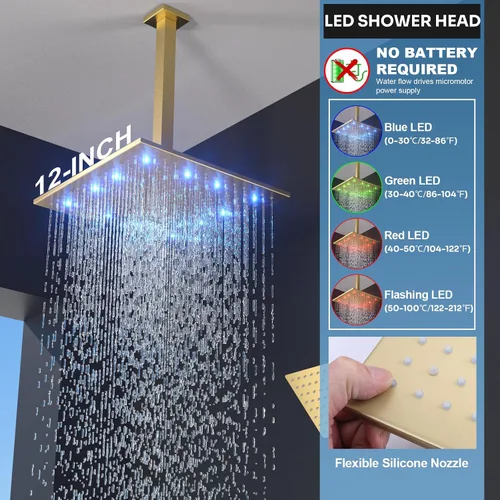 Vista 3 de Enga Juego de grifo de ducha termostático, cabezal de ducha LED de 12 pulgadas con cabezal de ducha doble de 6 pulgadas, juego de grifo de ducha