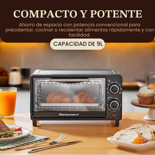 Vista 2 de Elite Gourmet ETO490 horno tostador de encimera de 9L/4 rebanadas con temporizador de 30 minutos, control de temperatura ajustable, incluye bandeja