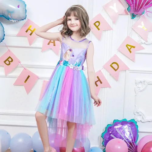 Vista 4 de Sunny Fashion Vestido de Unicornio para Niñas con Flores, Desfile de Princesa Arcoíris, Vestido de Fiesta Arco iris púrpura