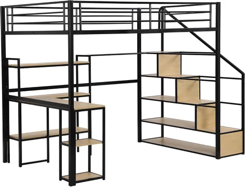 Vista 3 de SOFTSEA Cama alta de metal de tamaño matrimonial con escritorio y estantes, cama alta resistente con escalera y área de estudio para niños, marco