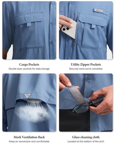 Vista 4 de Pudolla Camisas de pesca para hombre, camisas de trabajo de viaje de manga corta, camisas de verano con botones para hombres UPF50+ con bolsillos