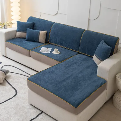 Vista 9 de vctops Funda de pana impermeable para sofá de 1/2/3 cojines, suave y antideslizante en forma de L, color liso, protector de muebles para niños, Azul