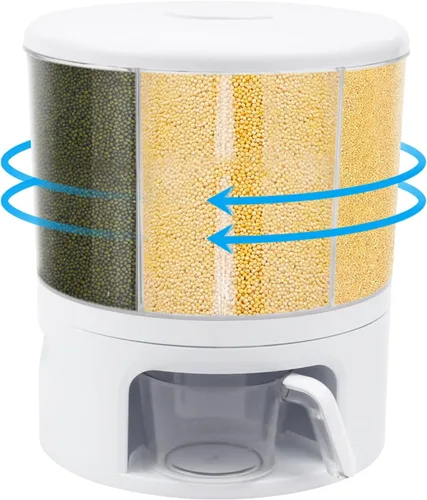 Vista 5 de Dispensador de granos giratorio de 360°, dispensador de cereales grande de 6 rejillas, recipiente de grano sellado con divisor y mango extraíbles