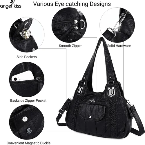 Vista 6 de Angelkiss - Bolsos y bolsos de mano para mujer, de cuero vegano lavado, bolso cruzado estilo hobo
