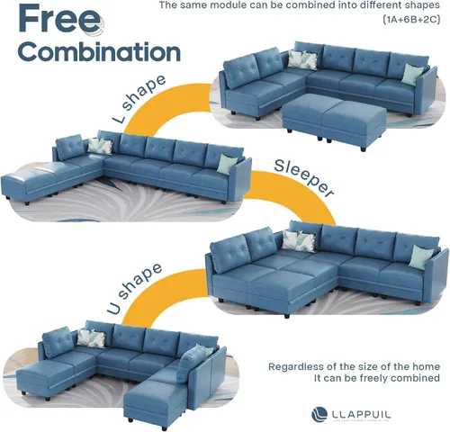 Vista 6 de LLappuil Sofá modular modular, sofá convertible en forma de L con almacenamiento, tela de piel sintética impermeable para sala de estar, 86.2