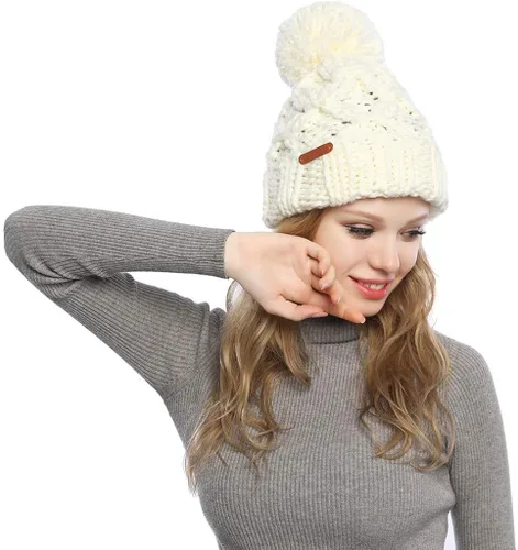 Vista 2 de Gorro holgado para mujer, con cuello redondo y grueso, de punto para otoño, cola de caballo de lana con POM POM