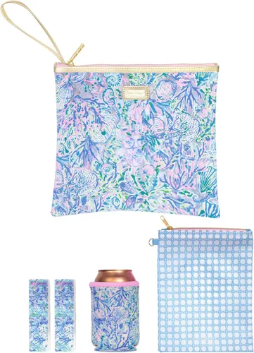 Vista 17 de Lilly Pulitzer Funda de vinilo resistente al agua para la playa, bolsa con cremallera incluye protector de bebidas, funda pequeña y clips para toalla