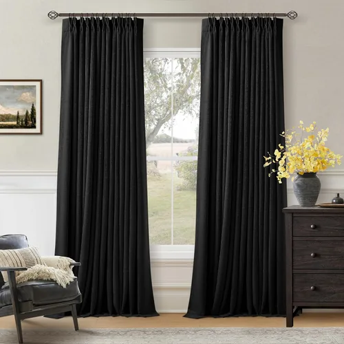 Vista 229 de Juego de 2 paneles de cortinas plisadas negras de 80 pulgadas para sala de estar, cortinas plisadas de lino con forro de 80 pulgadas de largo, 100%