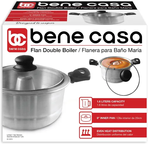 Vista 5 de Bene Casa - Caldera doble de molde de flan de aluminio con tapa de vidrio (1.6 litros) - Incluye sartén interior de aluminio (8") - Apta